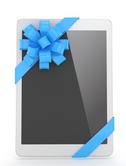 White tablet with blue bow. 3D rendering.