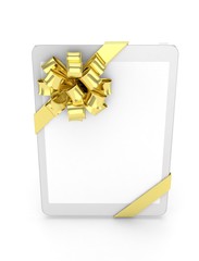 White tablet with golden bow. 3D rendering.