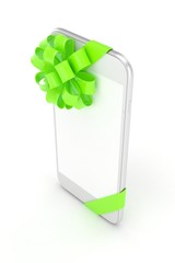 White phone with green bow and empty screen. 3D rendering.