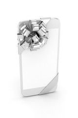 White phone with silver bow and empty screen. 3D rendering.