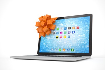 Tied laptop with red bow on white background. Modern present or gift for birthday, holiday, christmas. 3D rendering.