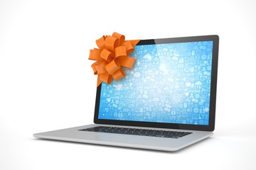 Tied laptop with red bow on white background. Modern present or gift for birthday, holiday, christmas. 3D rendering.