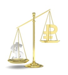 Isolated old fashioned pan scale with dollar and ruble on white background. American and russian currency. Dollar is heavier. Silver usd, golden rouble. 3D rendering.