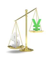 Isolated old fashioned pan scale with dollar and yuan,yen on white background. American and chinese and japanese currency. Dollar is heavier. Silver usd, green yuan. 3D rendering.