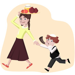 jewish new year greetings, boy with shofar and girl with symbols