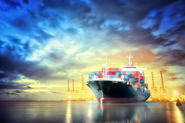 Logistics and transportation of International Container Cargo ship with working crane bridge in...