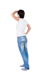 back view of standing young beautiful  brunette woman. girl  watching. Rear view people collection.  backside view of person.  Isolated over white background.