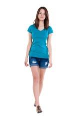 back view of walking  woman. beautiful brunette girl in motion.  backside view of person.  Rear view people collection. Isolated over white background.