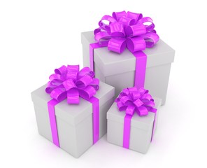 three gift boxes with bows isolated on white. 3d rendering.