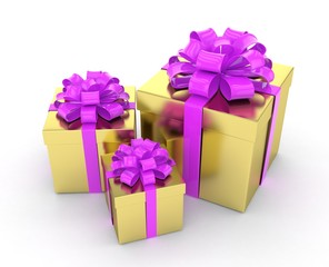 three gift boxes with bows isolated on white. 3d rendering.