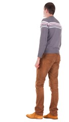 Back view of going  handsome man in jeans and sweater.  walking young guy in jeans and  jacket. Rear view people collection.  backside view of person.  Isolated over white background.