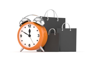 alarm clock and shopping bag (time to buy concept). 3d rendering.