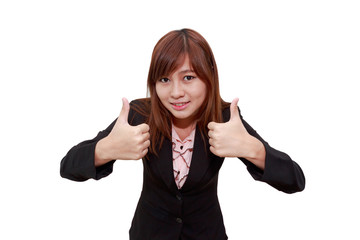 Smiling businesswoman holding thumps up isolated on white background