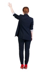Back view of beautiful business woman welcomes.  Young girl in suit. Rear view  people collection.  backside view of person.  Isolated over white background.