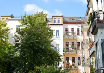 Fototapeta na wymiar grüner Innenhof mit Mehrfamilienhäusern