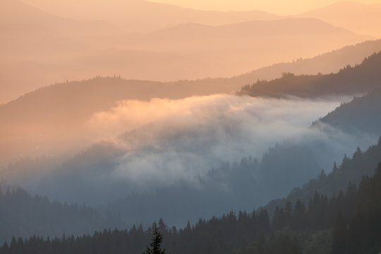 Foggy Sunrise morning in the mountains © DmytroKos