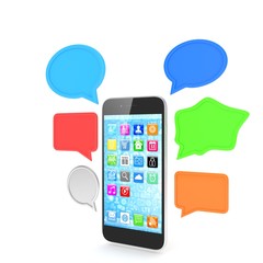 smartphone with bubbles isolated on white background. 3d rendering.