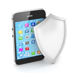 Smartphone and shield on white, security concept. 3d rendering.