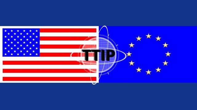 Kontra TTIP mit EU und USA Flaggen und animiertem sich aufl&ouml;sendem Text