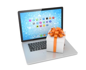 Gift box with ribbon on laptop keyboard. 3d rendering.