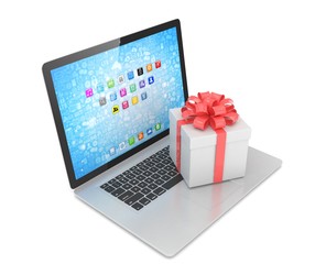 Gift box with ribbon on laptop keyboard. 3d rendering.