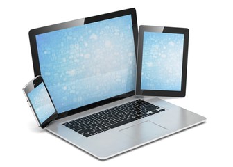 laptop, tablet, phone, on white. 3d rendering.