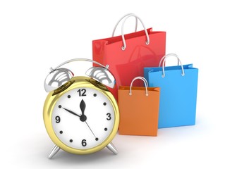 alarm clock and shopping bag (time to buy concept). 3d rendering.