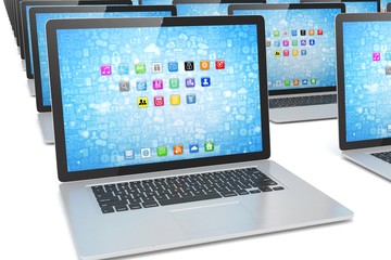 many  laptop on white background. 3d rendering.