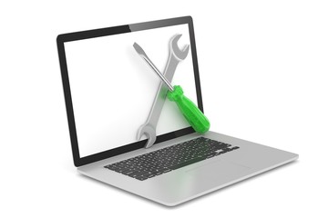 3D Illustration Wrench and screwdriver on laptop, service concept