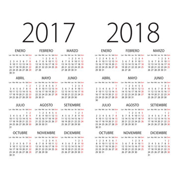 2017 and 2018 years Spanish vector calendar.