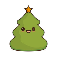 pine tree kawaii cartoon happy face decoration christmas symbol. vector illustration