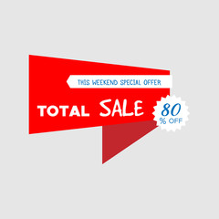 Total Sale special offer banner, up to 80% off. Vector illustration. Colorful total sale sign.Red label. Icon for special offer. Sale typography background. Sale design. Sticker with sale message