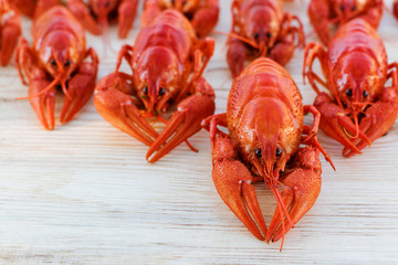 Red boiled crawfish on a wooden table in rustic style, close-up, selective focus. Background crawfish.