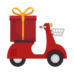 red scooter motorcycle with a gift box and yellow ribbon. vector illustration