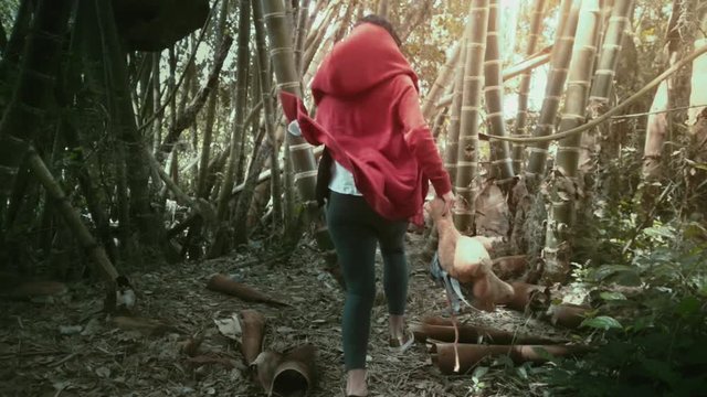 Girl runs  through the bamboo jungle in Colombia, Slow motion