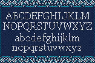 Christmas Knitted Font. Knitted Latin Alphabet on Seamless Background. Nordic Fair Isle Knitting Sweater Design