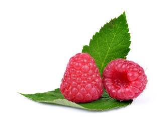Sweet raspberry with leaf isolated on white background