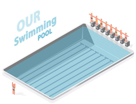 Isometric swimming pool with swimmers. Sportsmen on springboard prepare to swim in water. Race swimmers start to jump. Sport article illustration. Pictogram 3d element. Flatten isolated master vector.