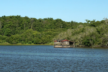 Fototapeta na wymiar cabane de pêche au milieu du lac d'Aureilhan - Mimizan