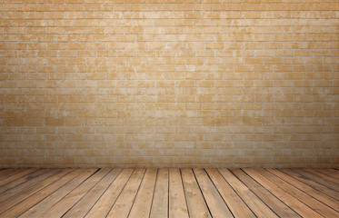 Rendering of interior with yellow brick wall and wooden floor