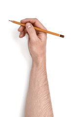 Close up view of man's hand holding pencil isolated on white background