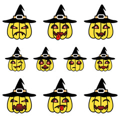 Funny cartoon pumpkins set with witch hat