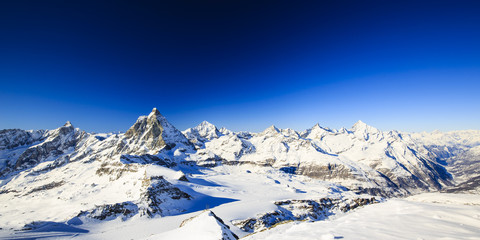 Panoramic view of Matterhorn on a clear sunny winter day, Zermatt, Switzerland