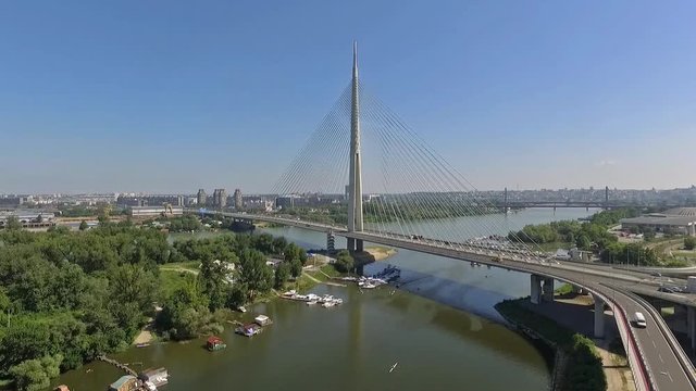Aerial view of the bridge in Belgrade,Serbia; named " Most na Adi".Aerial view of the river Sava