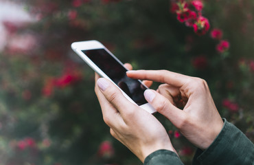 Hipster texting on smartphone or technology, mock up of blank screen. Girl using cellphone on red flowers background. Hands holding gadget on blur. Mockup front view, space for text message