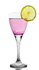 magenta berries cocktail in glass with lemon and tubule on white background