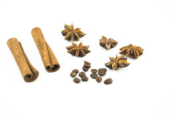 Star anise, cinnamon and coffee beans on a white background