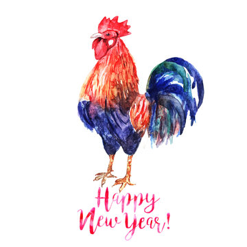 Vector watercolor fire cock on white background with text Happy 