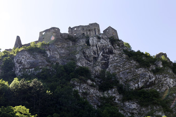 Fototapeta na wymiar Ruins of medieval Castle Strecno above River Vah, Slovakia