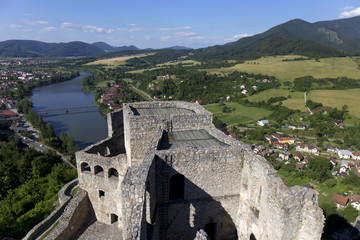 Fototapeta premium Ruins of medieval Castle Strecno above River Vah, Slovakia